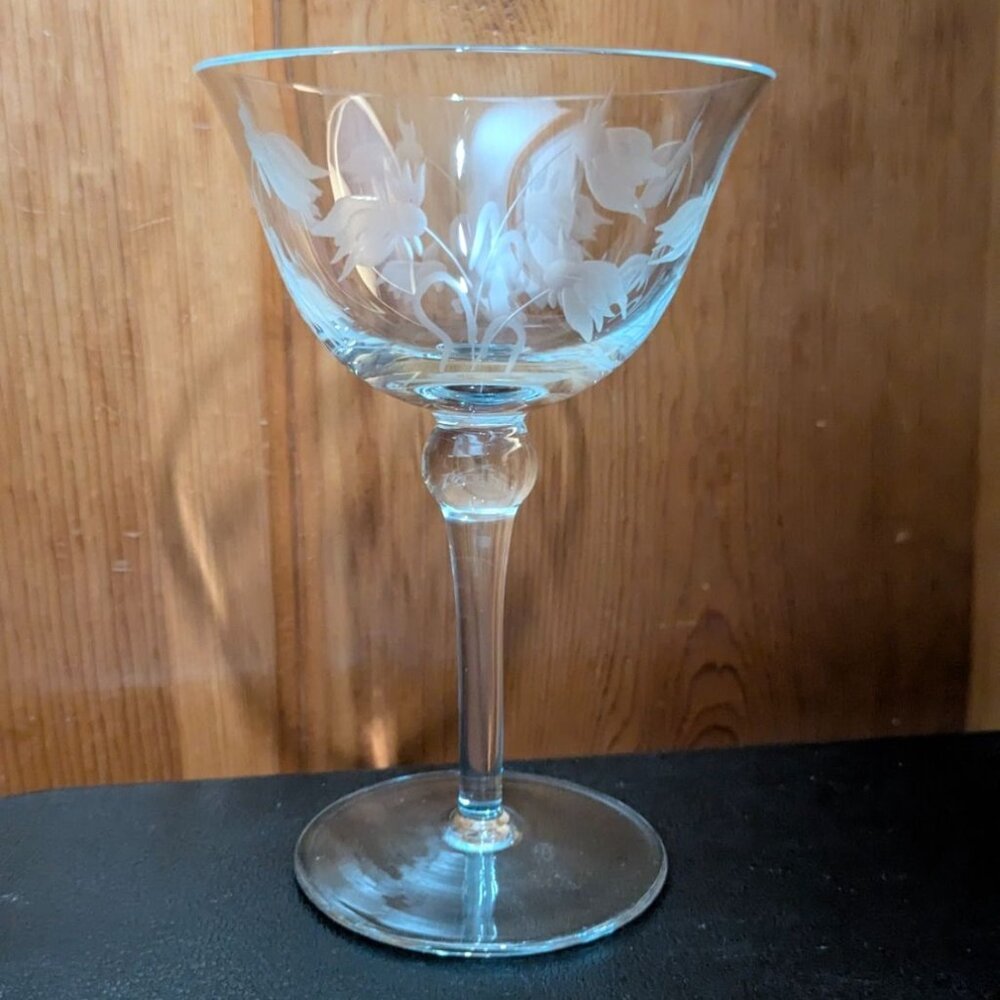 Etched Columbine Floral Champagne Glass Vintage Stemware 6" Replacement Vintage